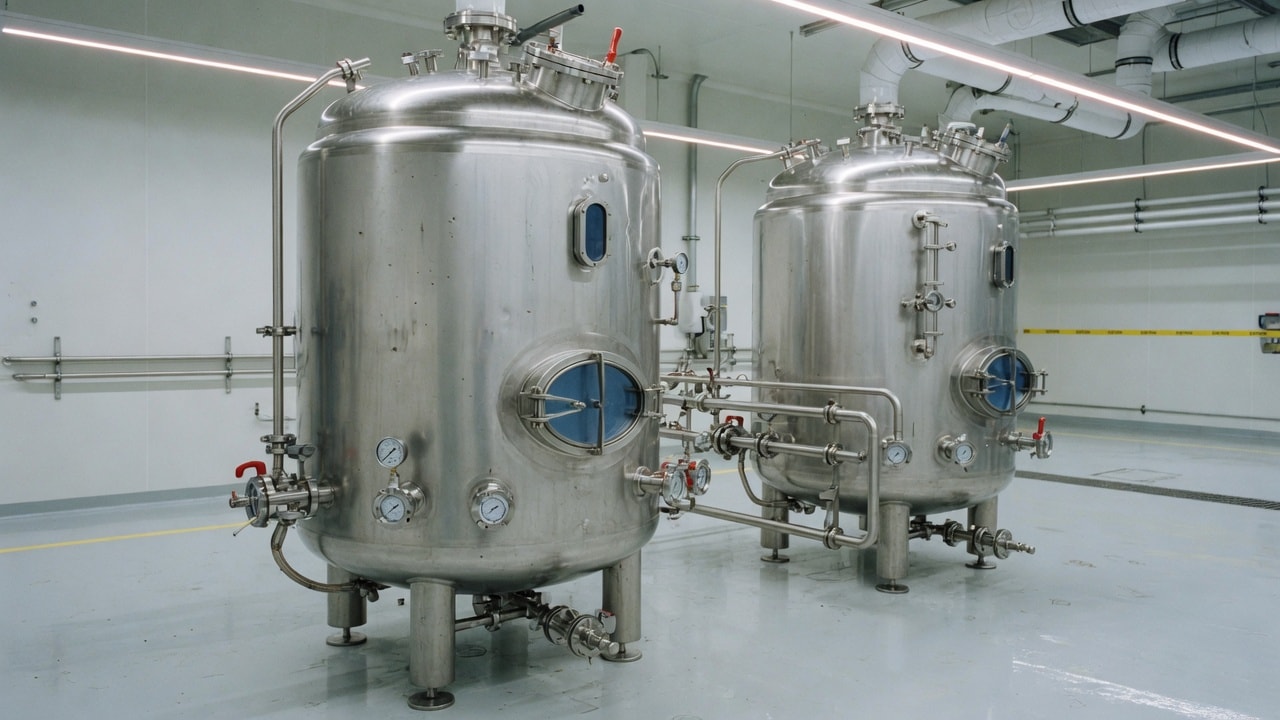 Vasos de pressão em aço inox em área de processo farmacêutico